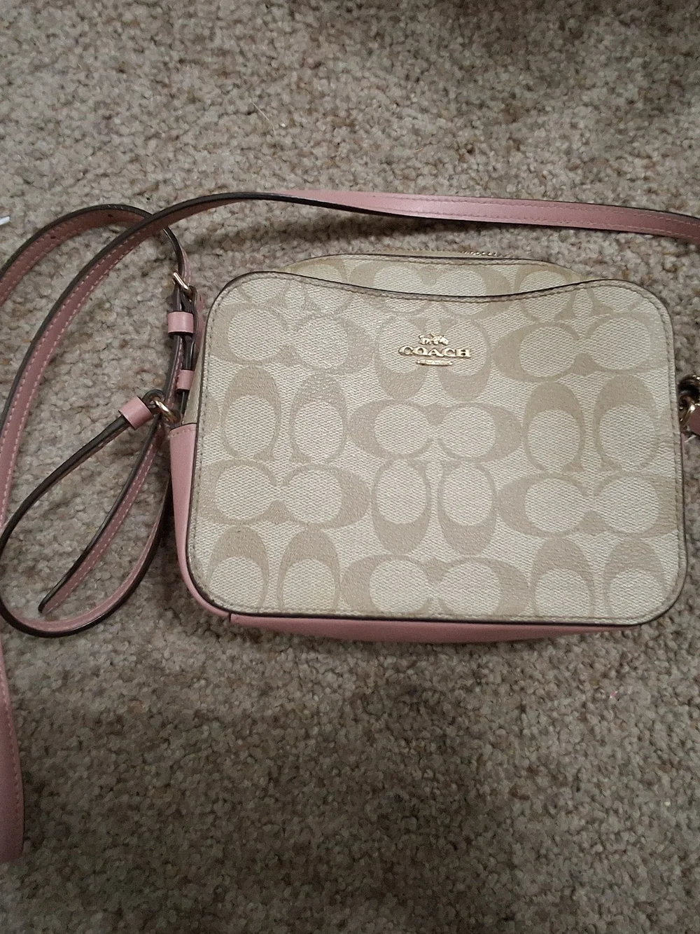 Coach Beige Signature Canvas Crossbody with Pink Trim